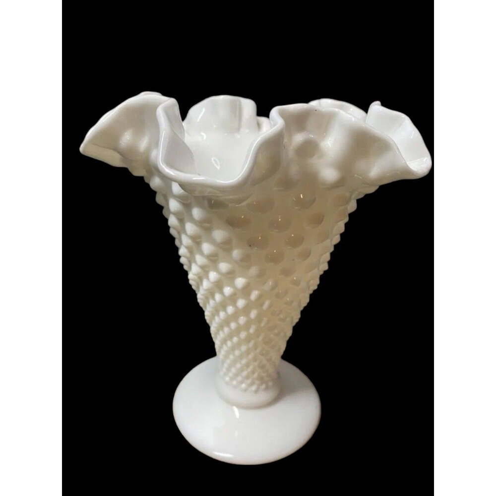 Vintage Fenton Glass Vase White Milk Glass Trumpet Cone Shape 8” Tall